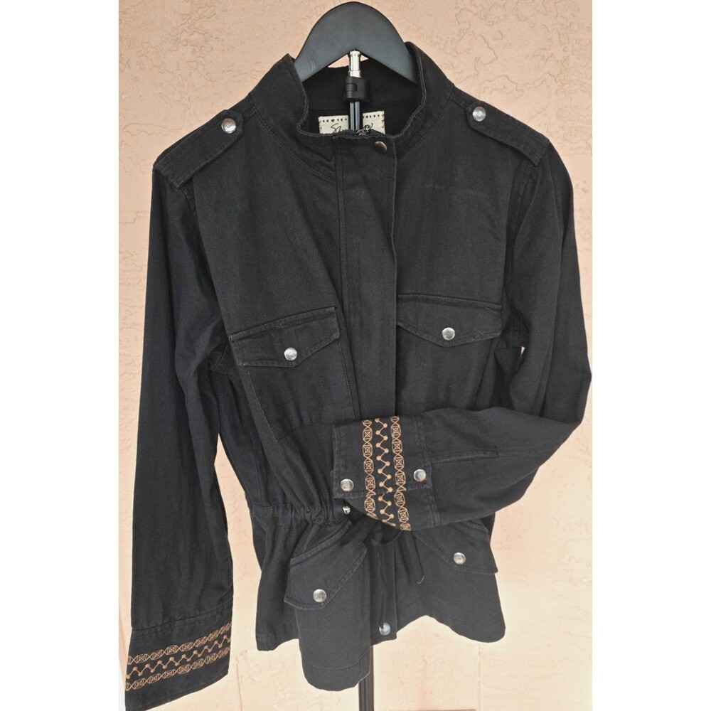 NWT SHERYL CROW Black Military Utility Jacket Gold Sequin Angel Wings SZ Medium